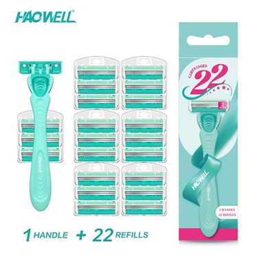 Lâminas descartáveis femininas, 1 cabo 22 recargas, com tira lubrificante de aloe vera e vitamina E, com 2 lâminas Lâminas descartáveis femininas com tira lubrificante de aloe vera e vitamina E, 2 lâminas